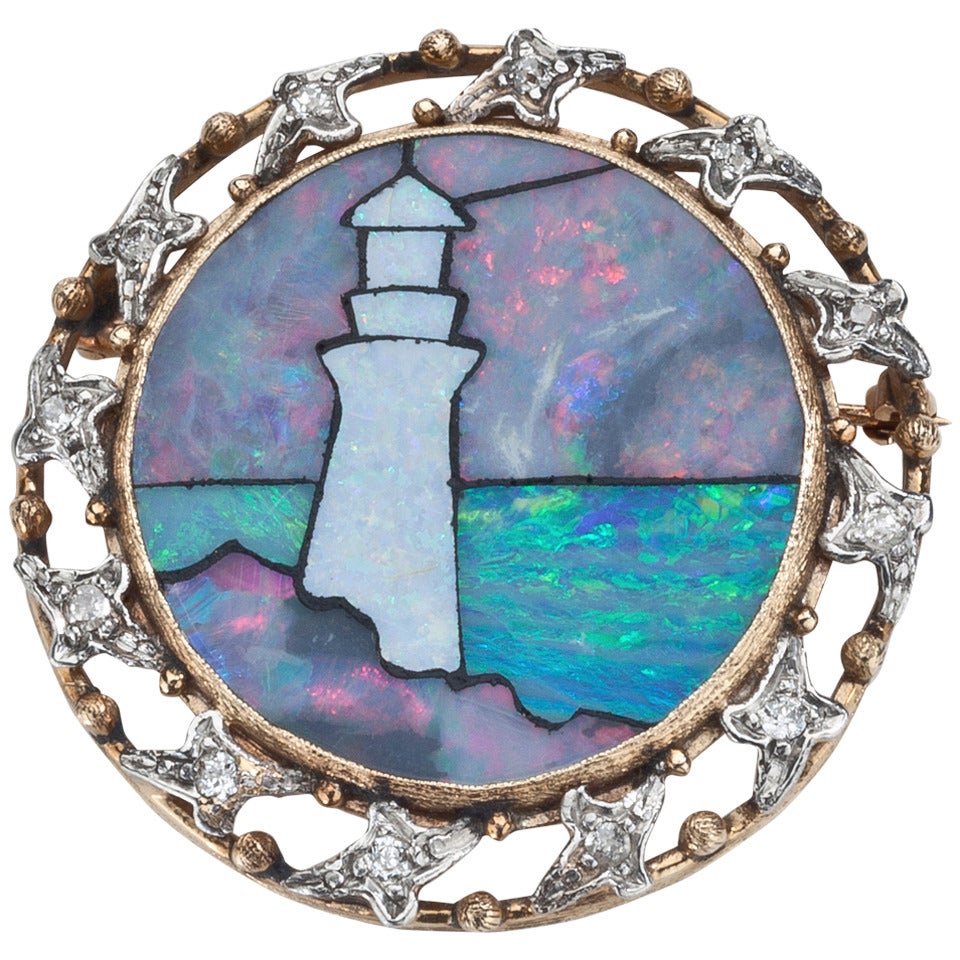 Opal Diamond Gold Lighthouse Brooch For Sale