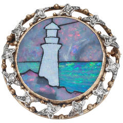 Opal Diamond Gold Lighthouse Brooch