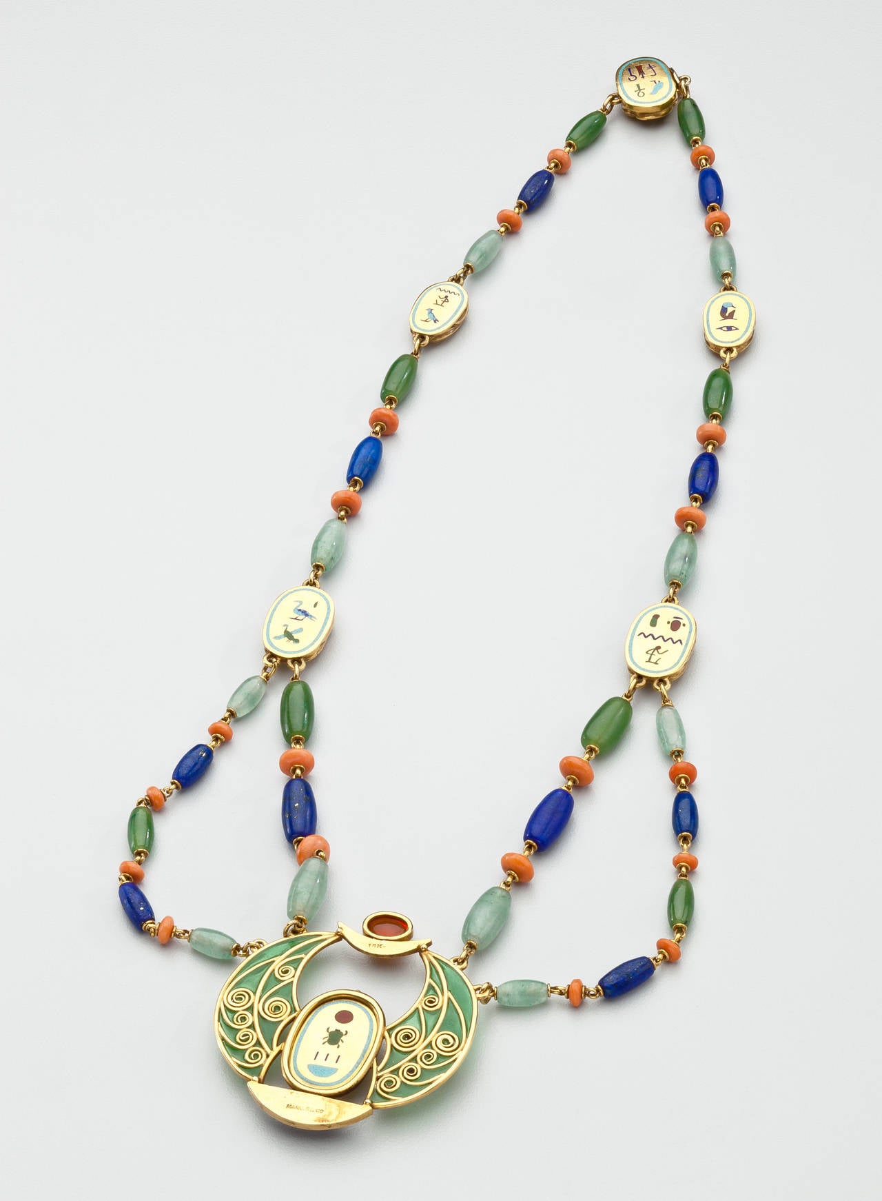 Marcus Gemstone Gold Egyptian Revival Necklace In Good Condition For Sale In New York, NY