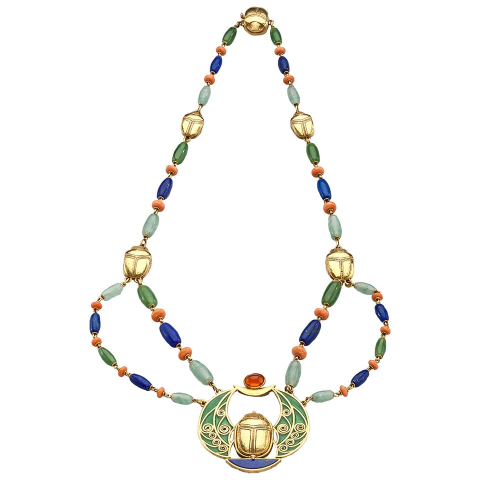 Marcus Gemstone Gold Egyptian Revival Necklace For Sale