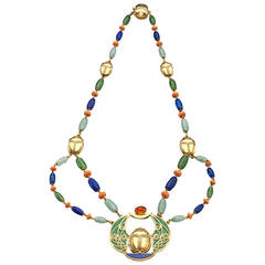 Antique Marcus Gemstone Gold Egyptian Revival Necklace