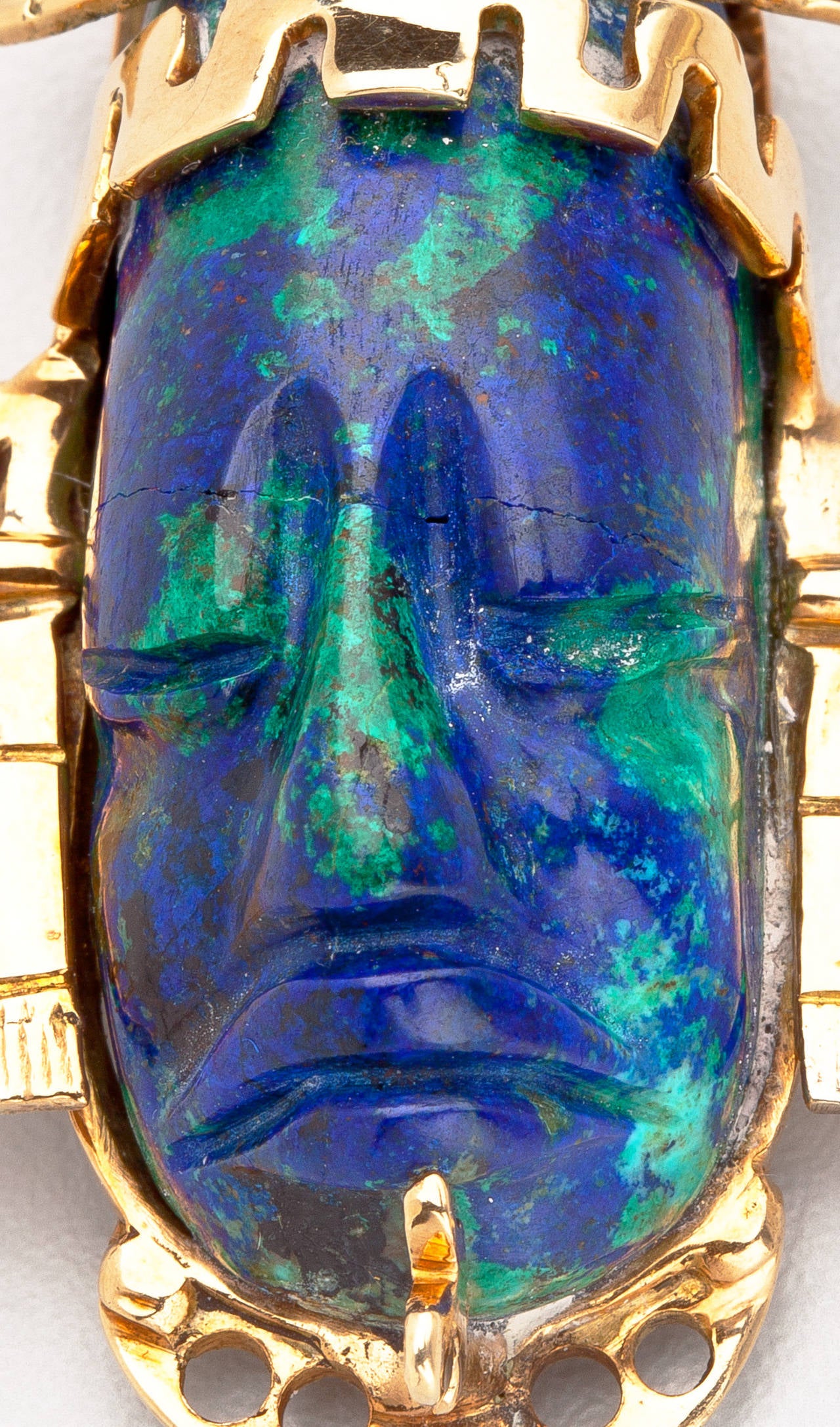 1990s Carved Azure Malachite Gold Tribal Mask Pendant