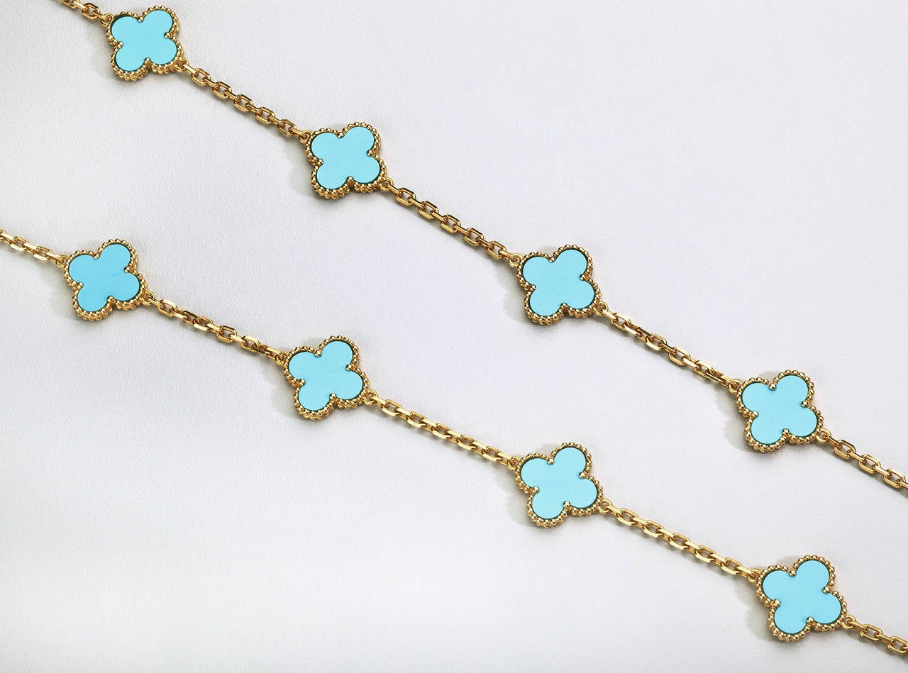 Modern Van Cleef & Arpels Turquoise Gold Alhambra  Necklace