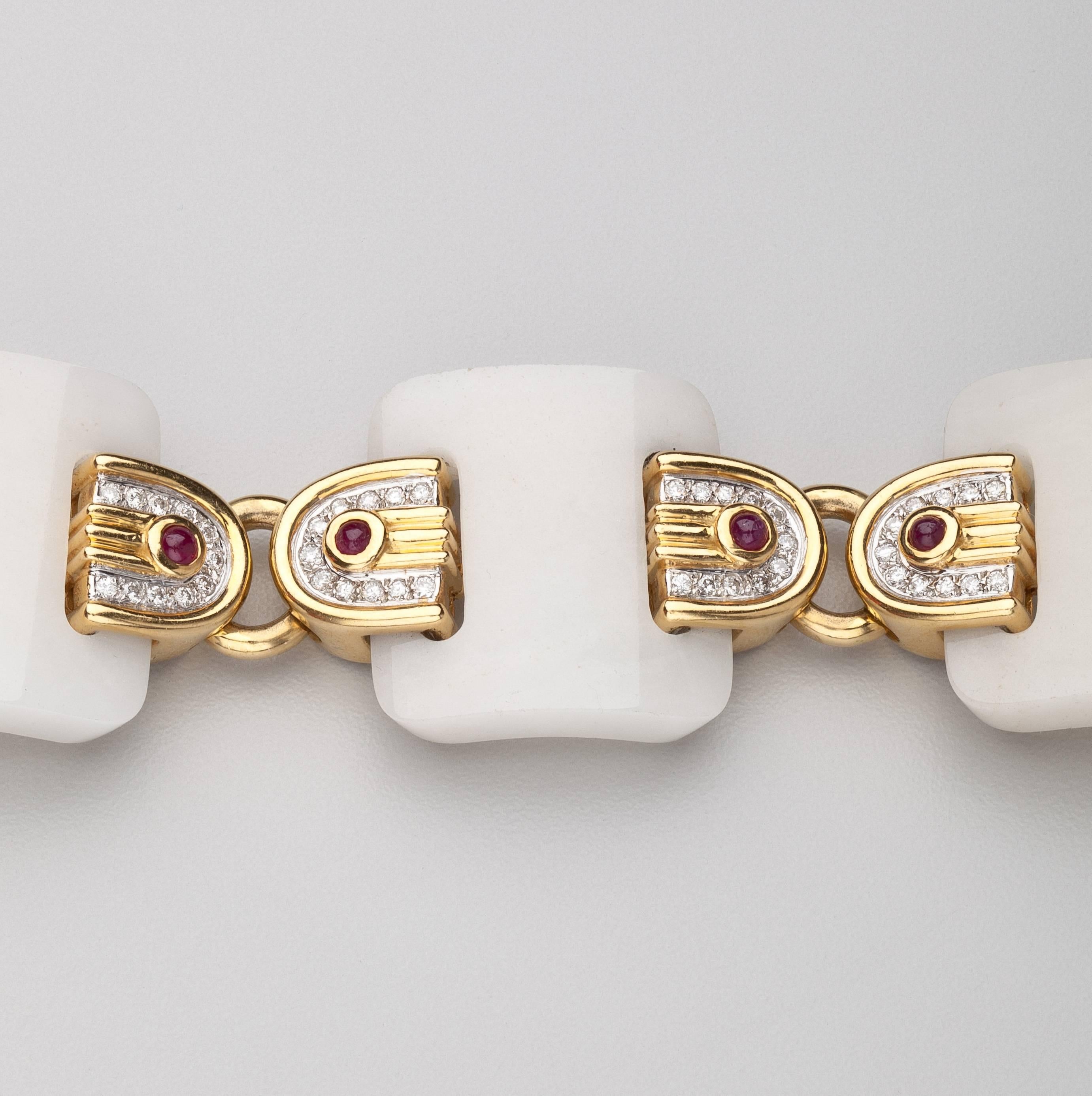 Modern 1990s White Onyx Ruby Diamond Gold Bracelet  For Sale