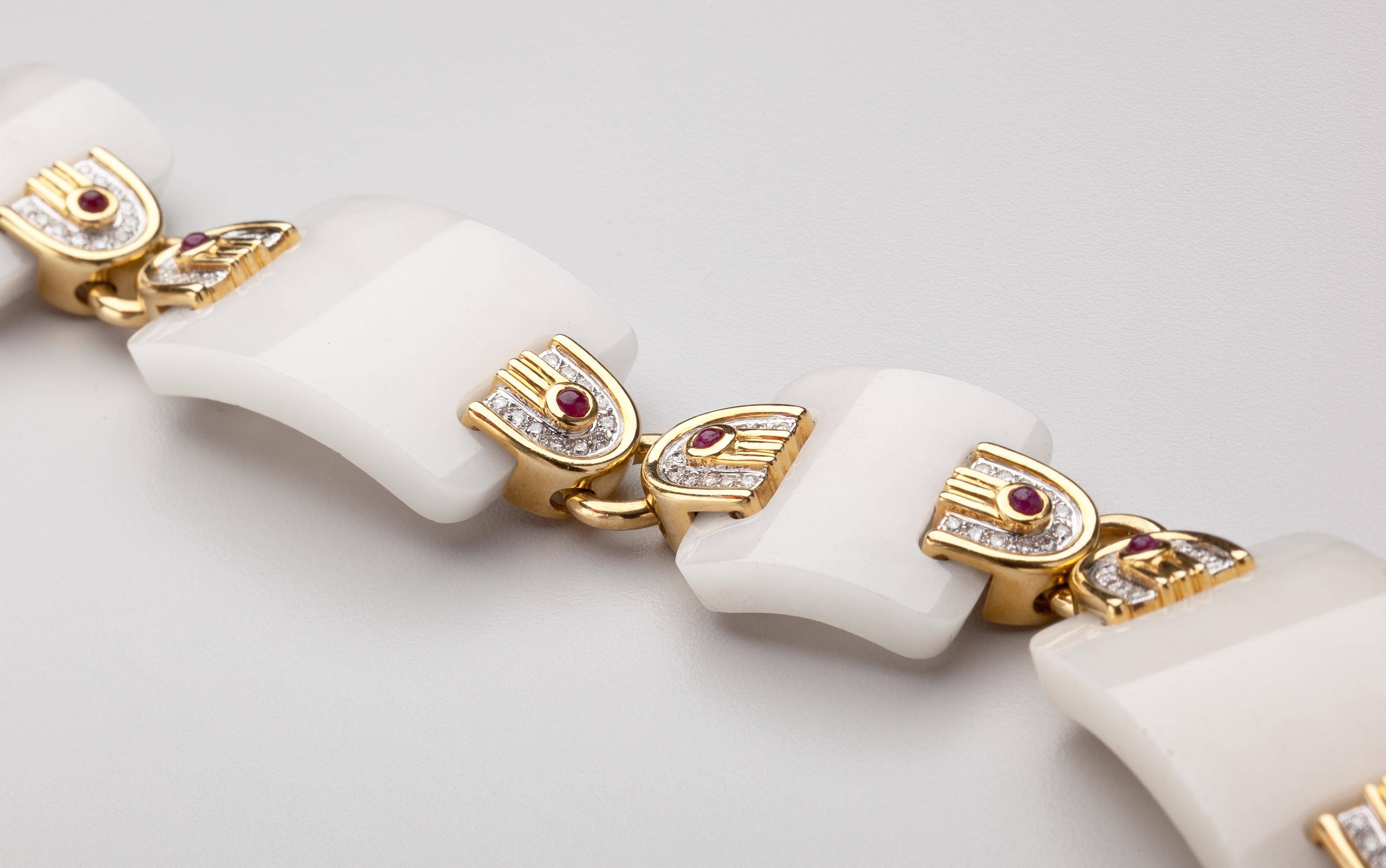 1990s White Onyx Ruby Diamond Gold Bracelet  In Excellent Condition For Sale In New York, NY