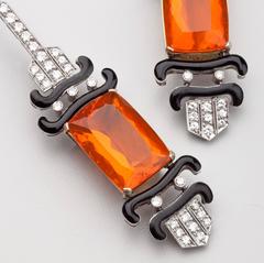 Onyx Emerald Cut Fire Opal Diamond Gold Earrings