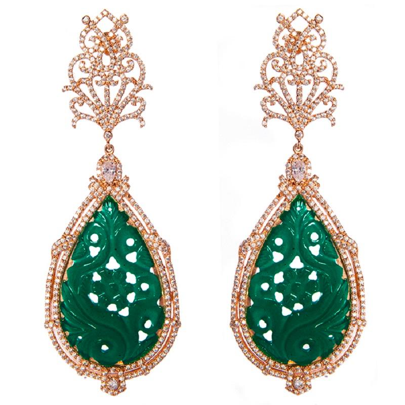 Chandelier Earrings Rose Gold with Green Accent