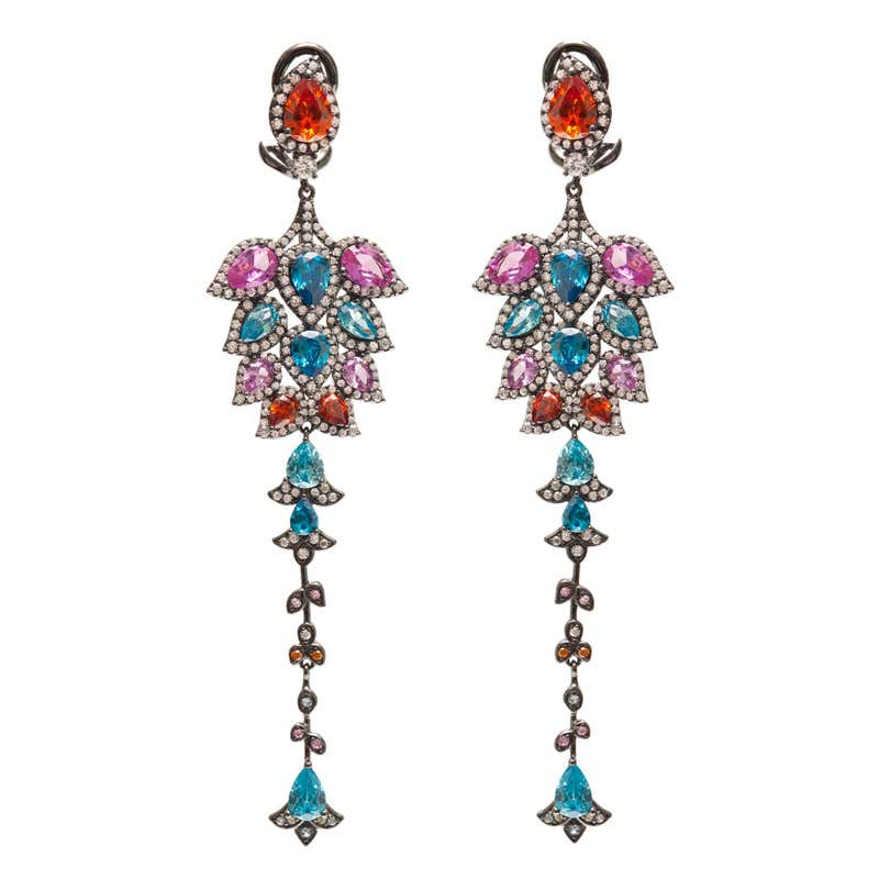 Magnificent Costume Jewelry Multi Color Gem Wreath Circle Chandelier Earrings For Sale at 1stdibs