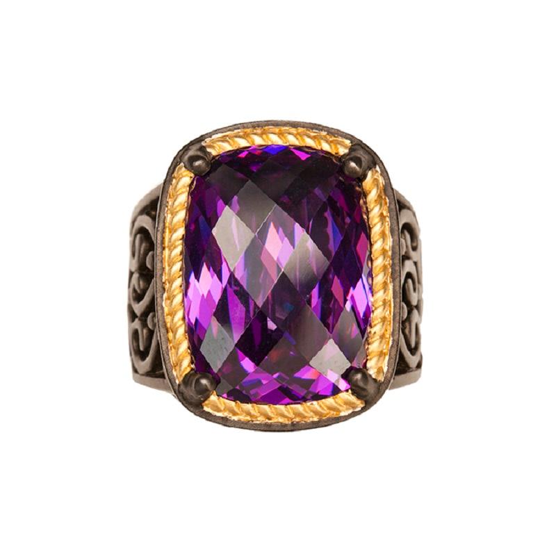 A masterfully hand crafted statement Baroque style- sterling silver ring with ruthenium plating- no scratching or fading of plating is guaranteed. Part of our Jawaher collection with dazzling high grade amethyst color zircon.