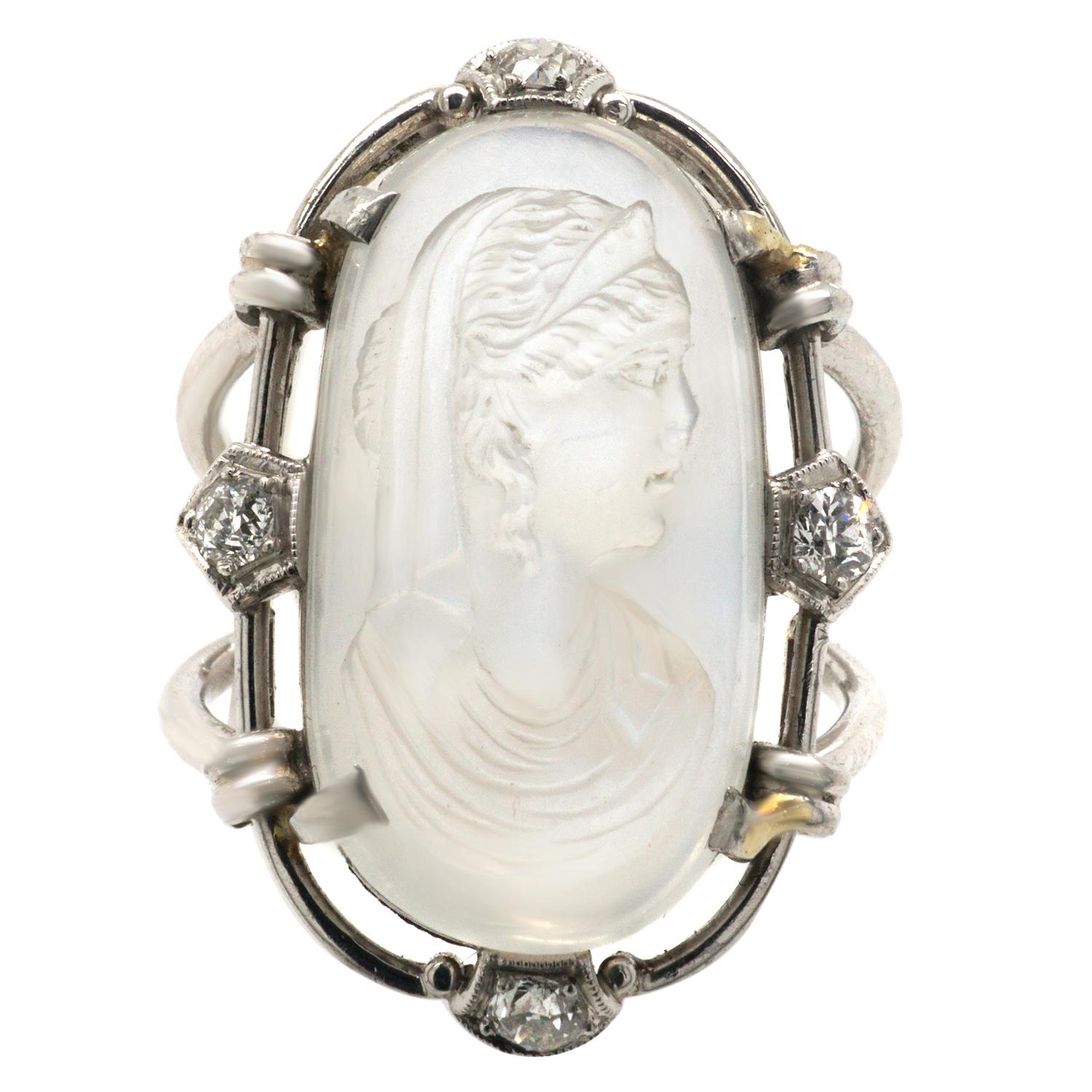 Victorian Moostone Cameo Diamond Platinum Ring For Sale