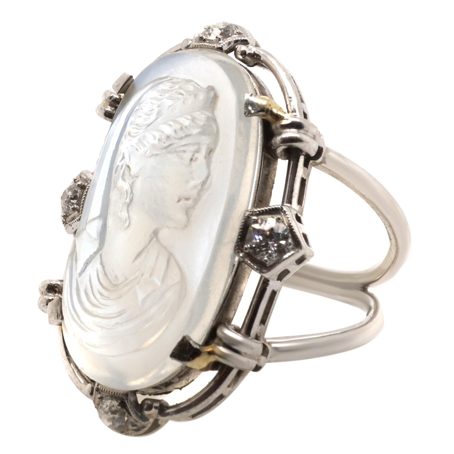Late Victorian Victorian Moostone Cameo Diamond Platinum Ring For Sale