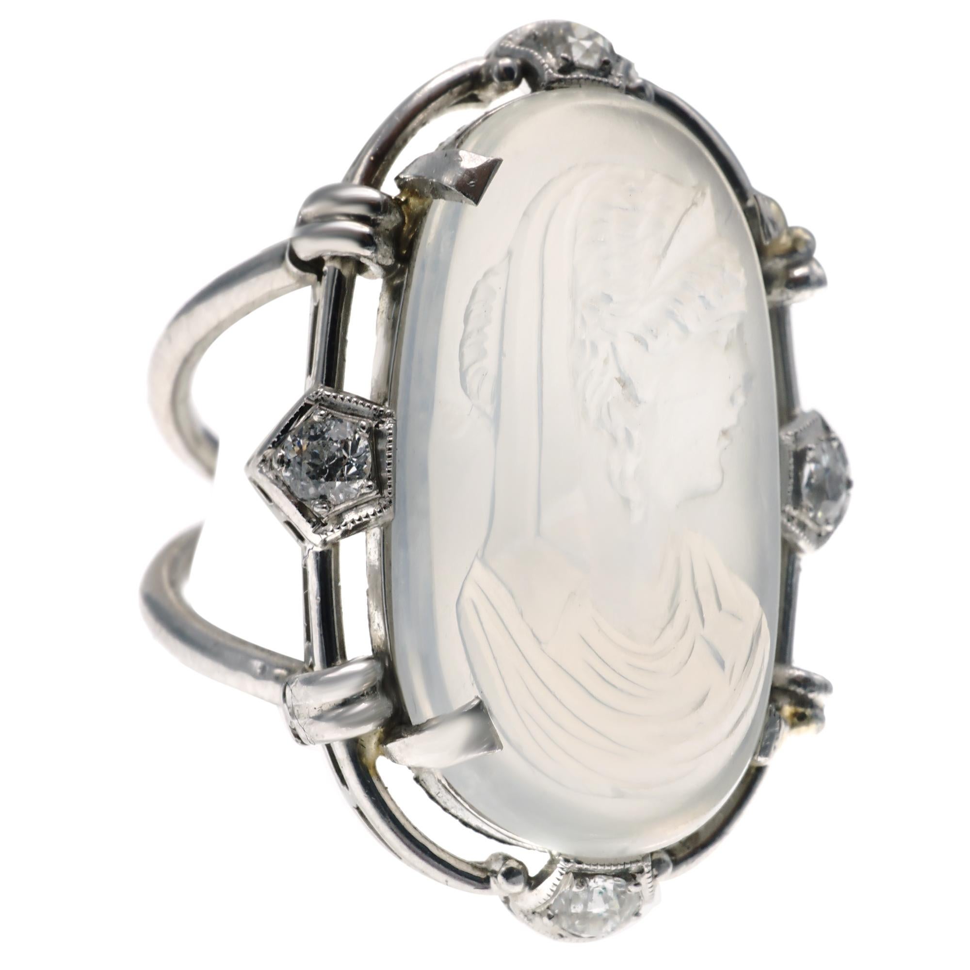 Women's Victorian Moostone Cameo Diamond Platinum Ring For Sale