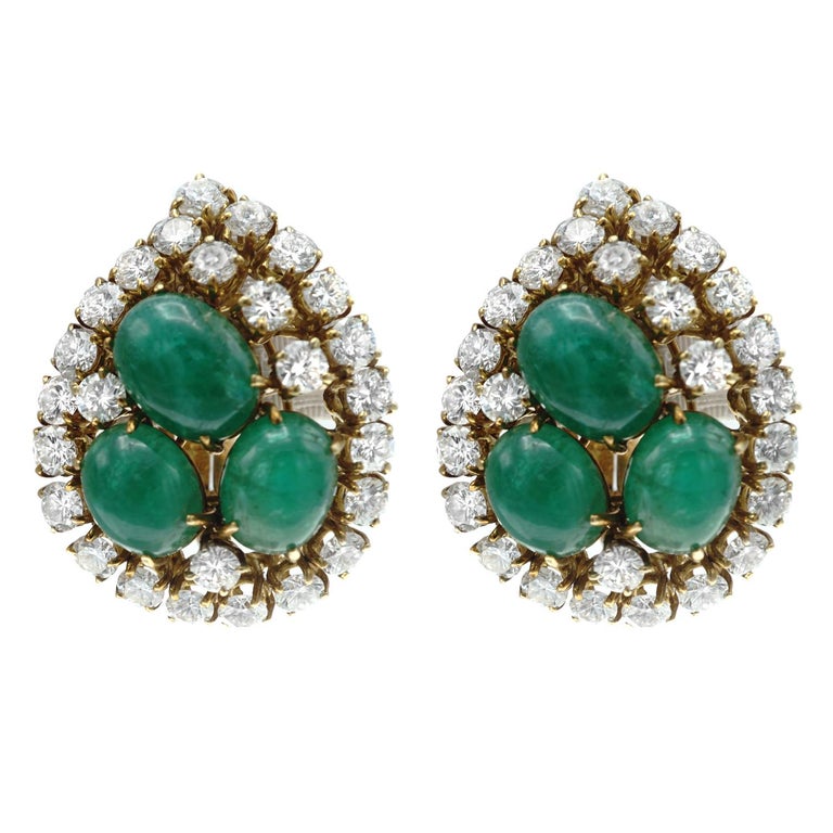 Emerald and Diamond Ear Clips For Sale at 1stDibs