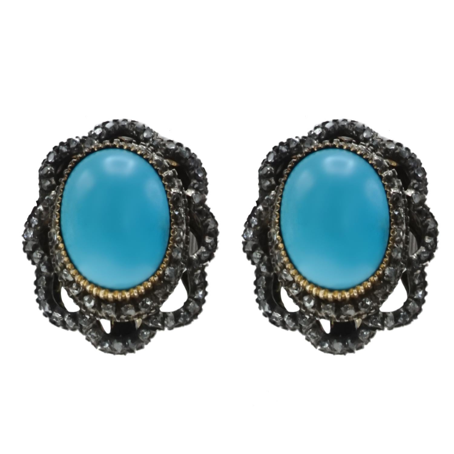 Victorian Persian Turquoise and Diamond Clip-On Earrings