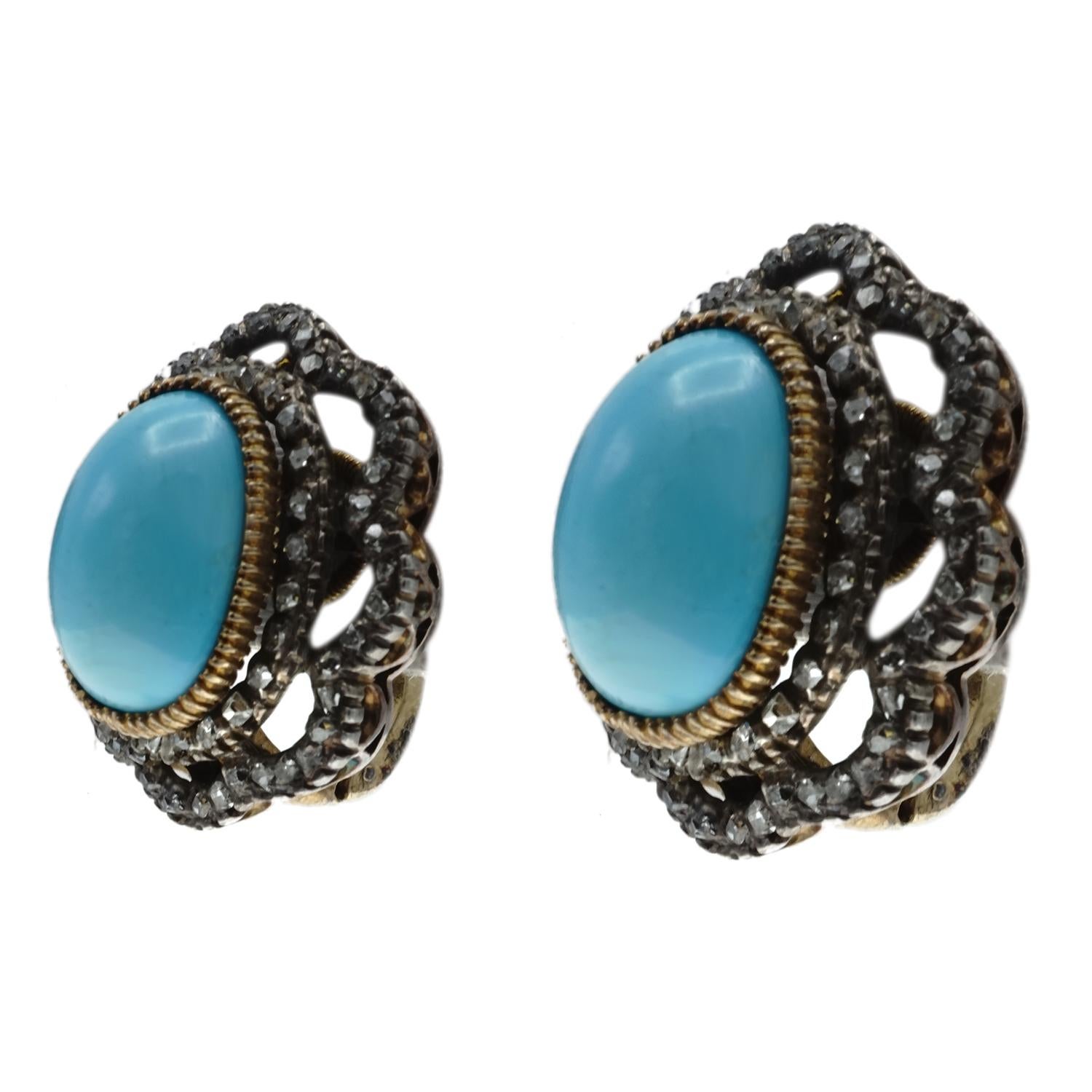 Victorian Persian Turquoise and Diamond Clip-On Earrings In Excellent Condition In New York, NY