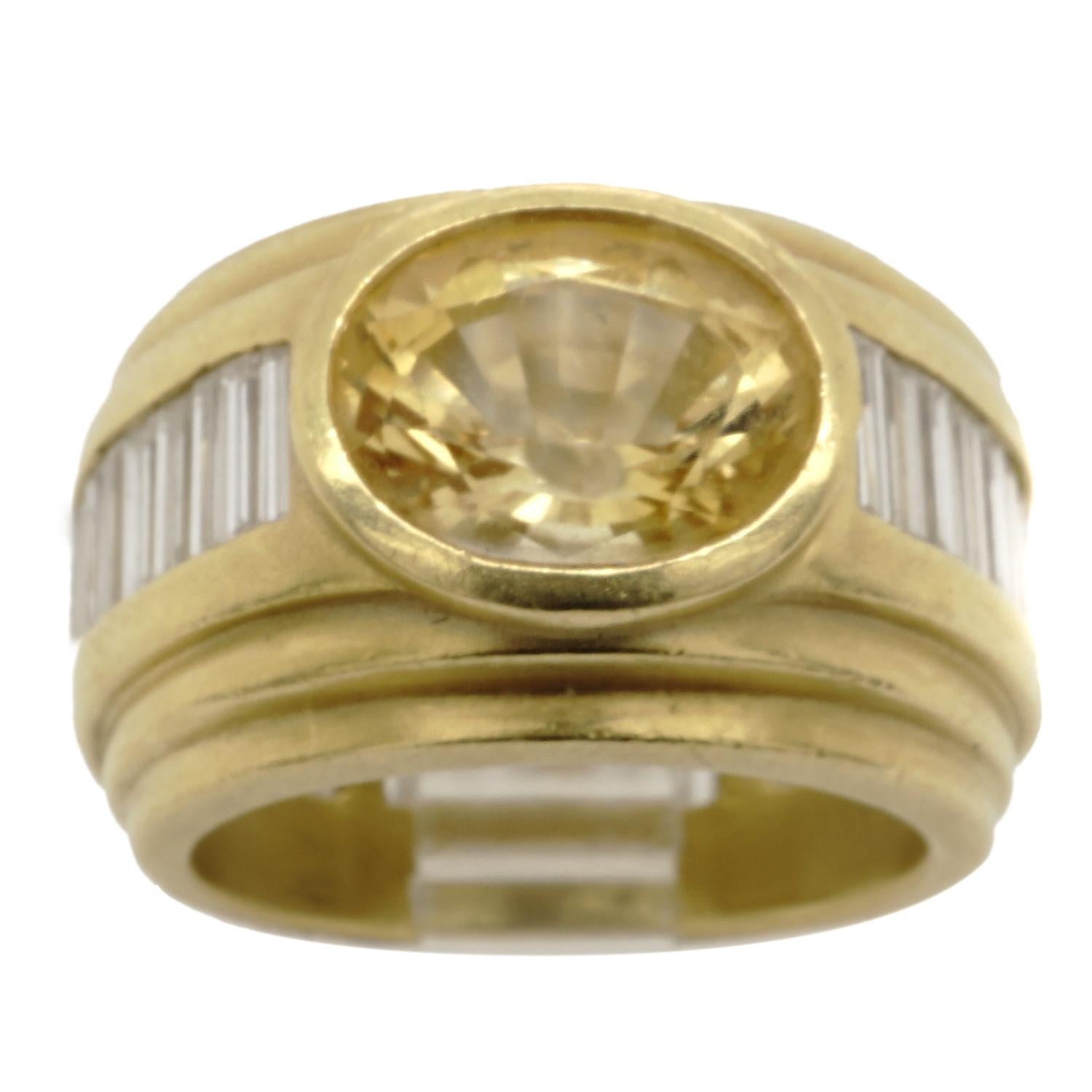 B. Kieselstein Cord Diamond Lemon Citrine, 9.70x7.80x5.70 mm  crafted in 18 karat yellow gold. Signed B. Kieselstein Cord 2000 stamped 750 with trademark.  Ring size 5 1/2.  Top of the ring measures in with 12.5mm, the back of the ring measures 10mm