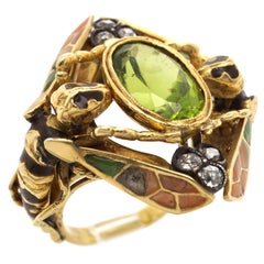 Victorian Dragonfly Plique-a-Jour Enamel Peridot Diamond Ring