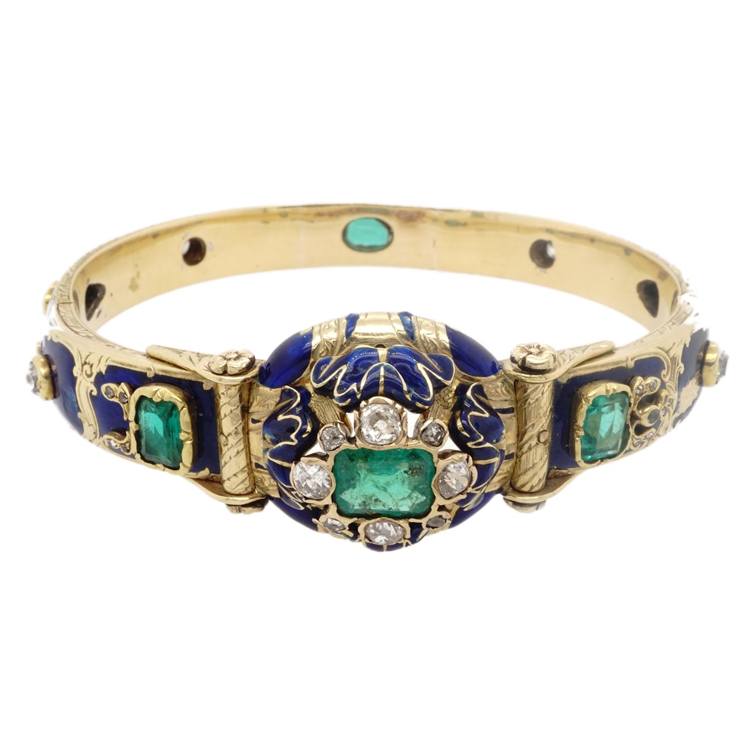 Victorian Emerald Diamond 18 Karat Gold Enamel Bangle Bracelet at 1stDibs