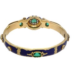 Victorian Emerald Diamond 18 Karat Gold Enamel Bangle Bracelet