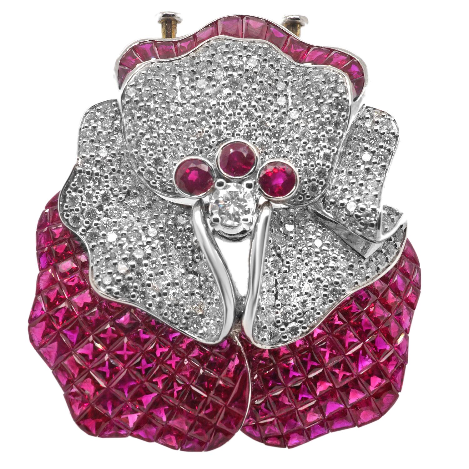 Women's Ruby Diamond 18 Karat Gold Flower Brooch