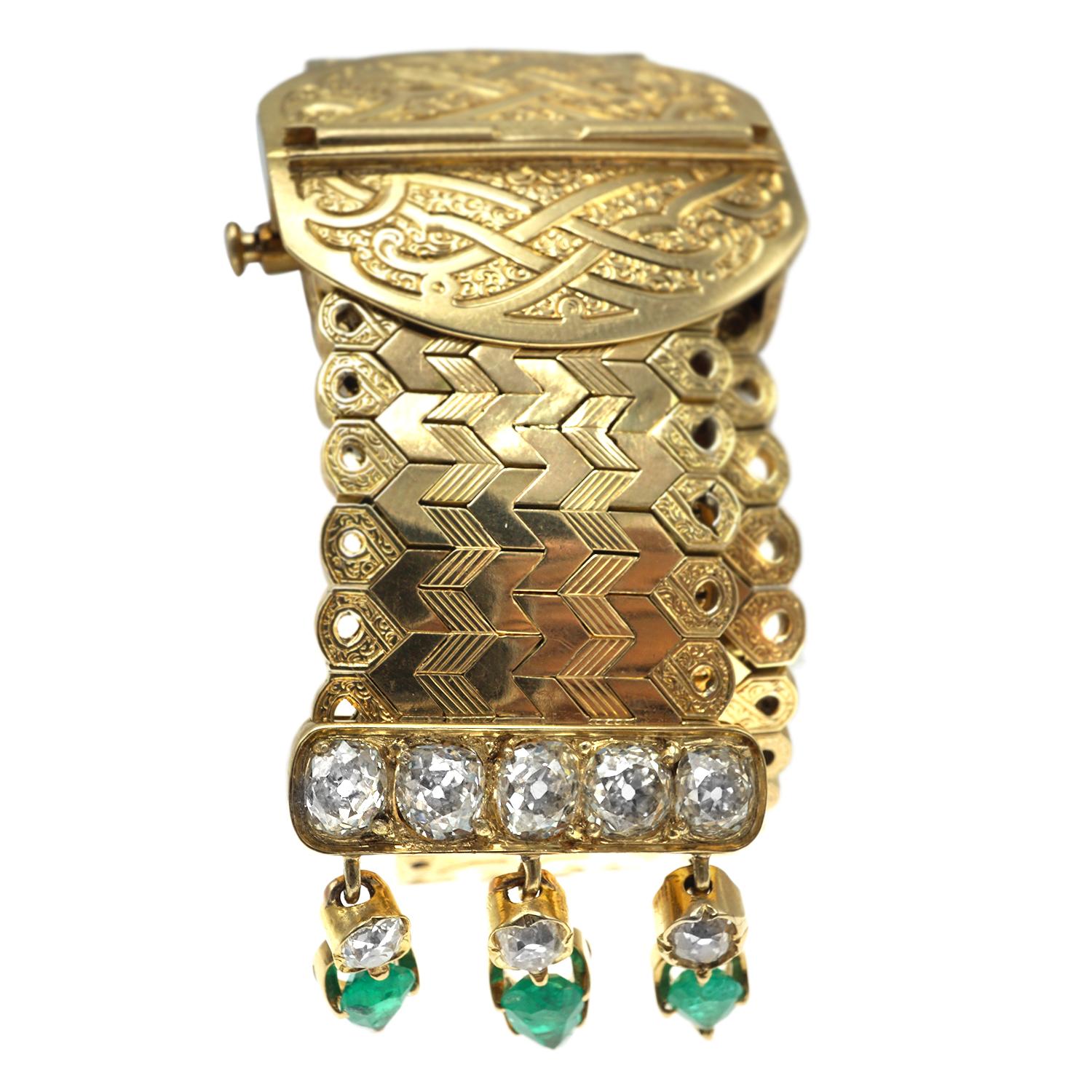 Women's French Emerald Diamond 18 Karat Gold Bracelet For Sale