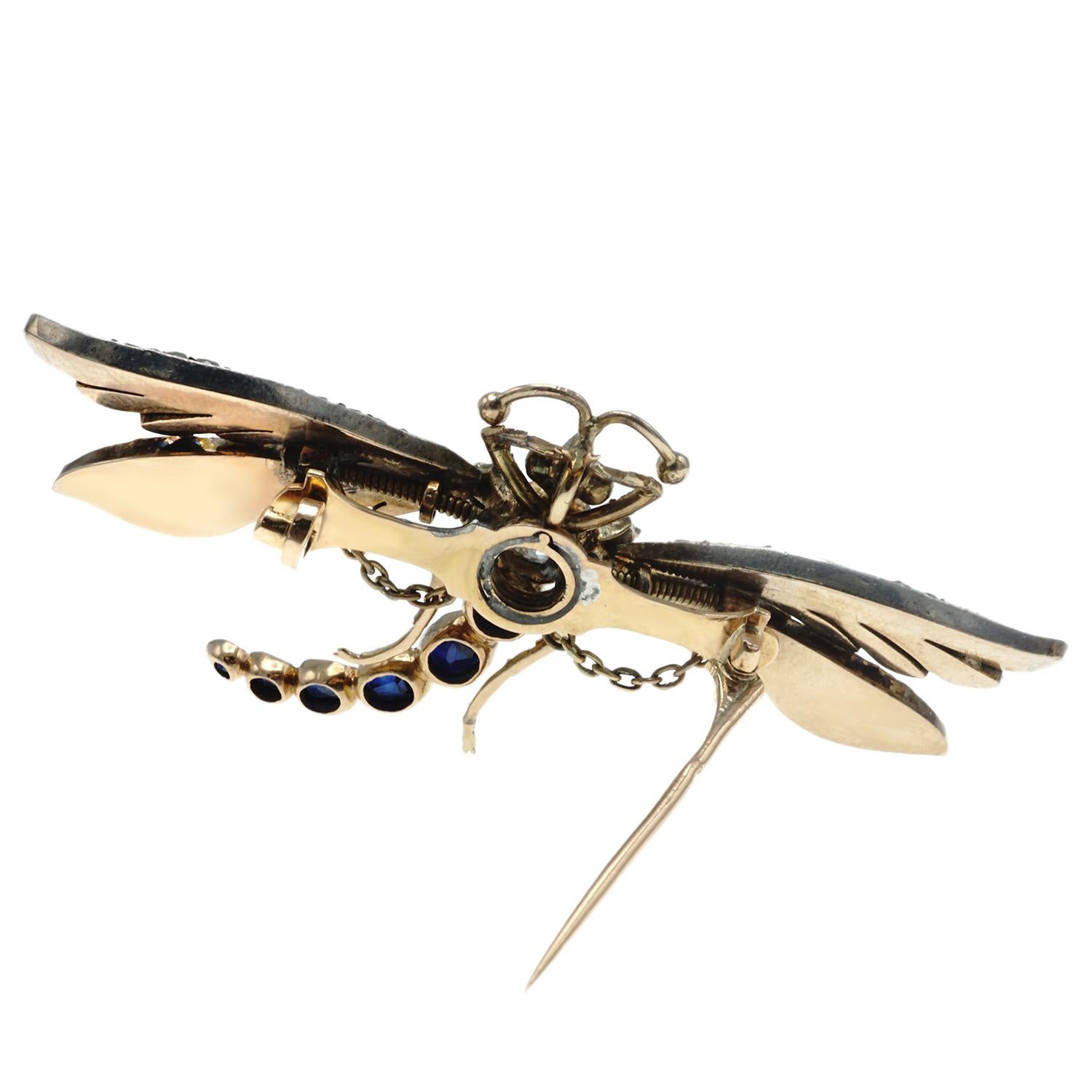 Victorian Diamond and Sapphire Gold Dragonfly Brooch In Excellent Condition In New York, NY
