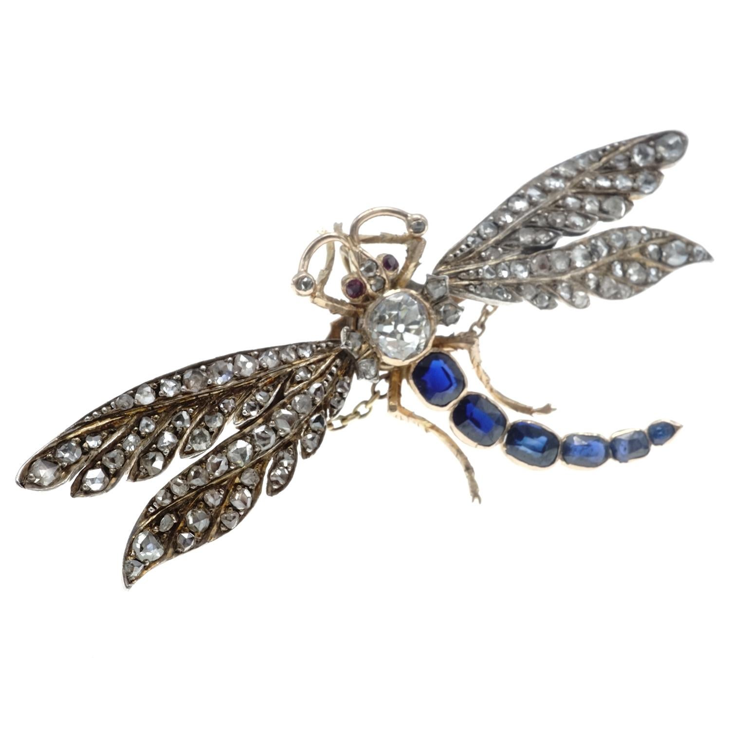 Women's Victorian Diamond and Sapphire Gold Dragonfly Brooch