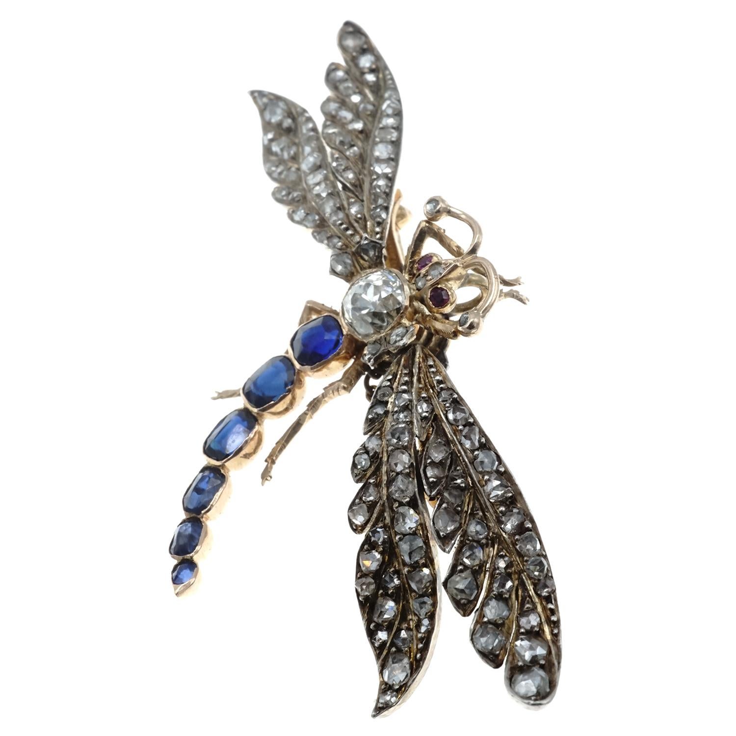 Victorian Diamond and Sapphire Gold Dragonfly Brooch 1
