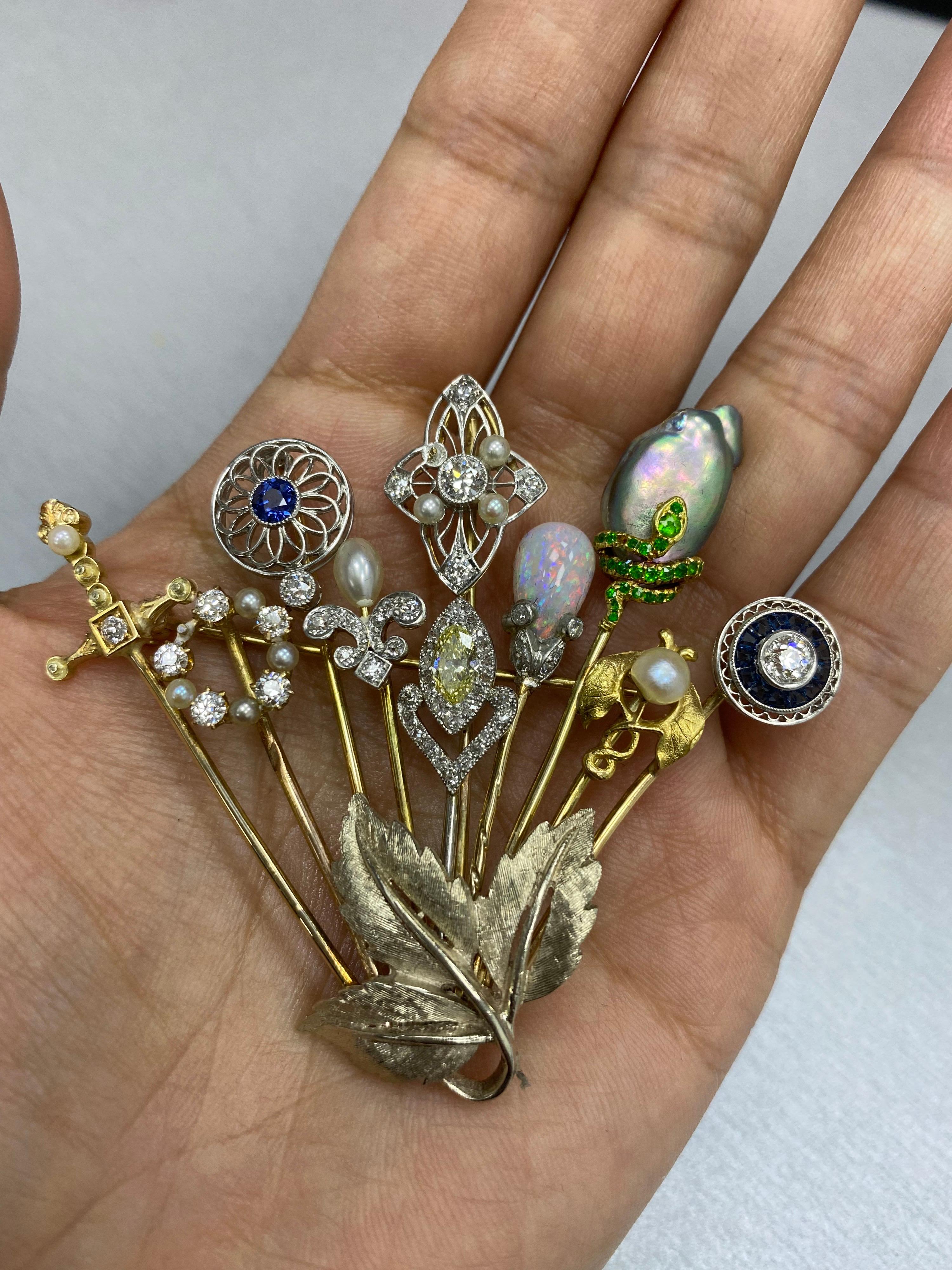 Rose Cut Gold, Platinum, Colored Diamond and Gem-Set Stick-Pin Brooch