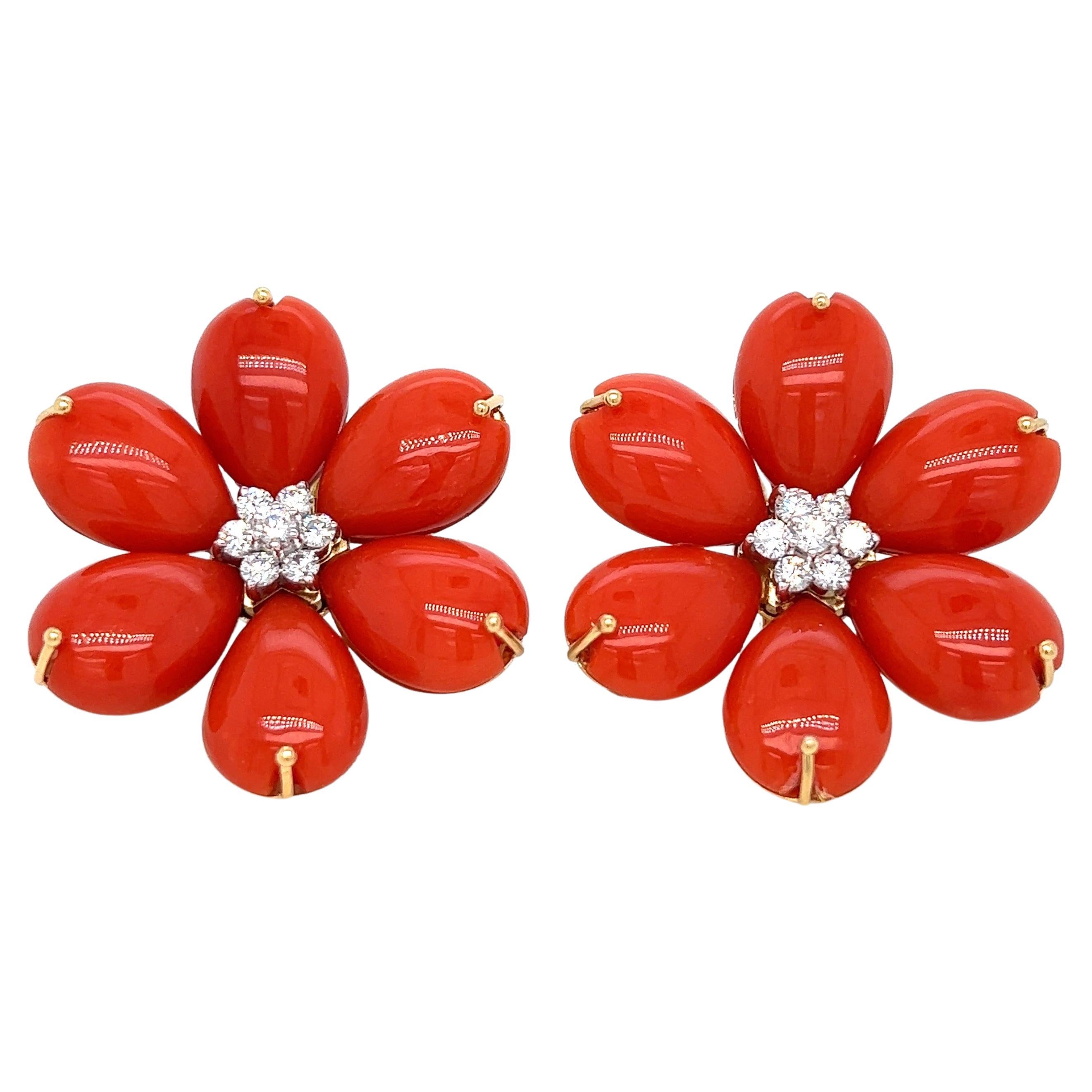 Coral Diamond Gold Flower Earrings For Sale