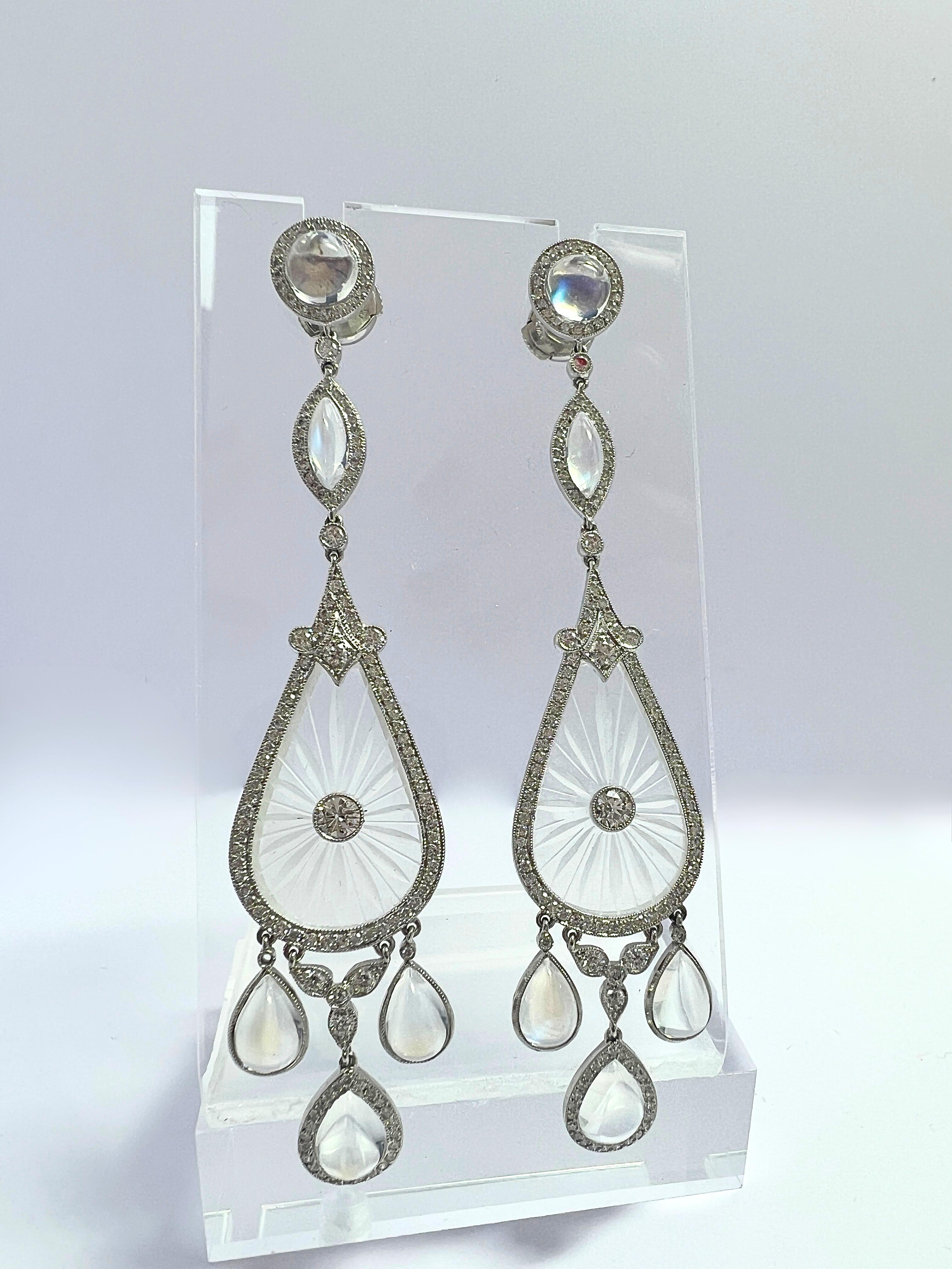 Fred Leighton Diamond Rock Crystal and Moonstone Chandelier Earrings In Excellent Condition For Sale In New York, NY