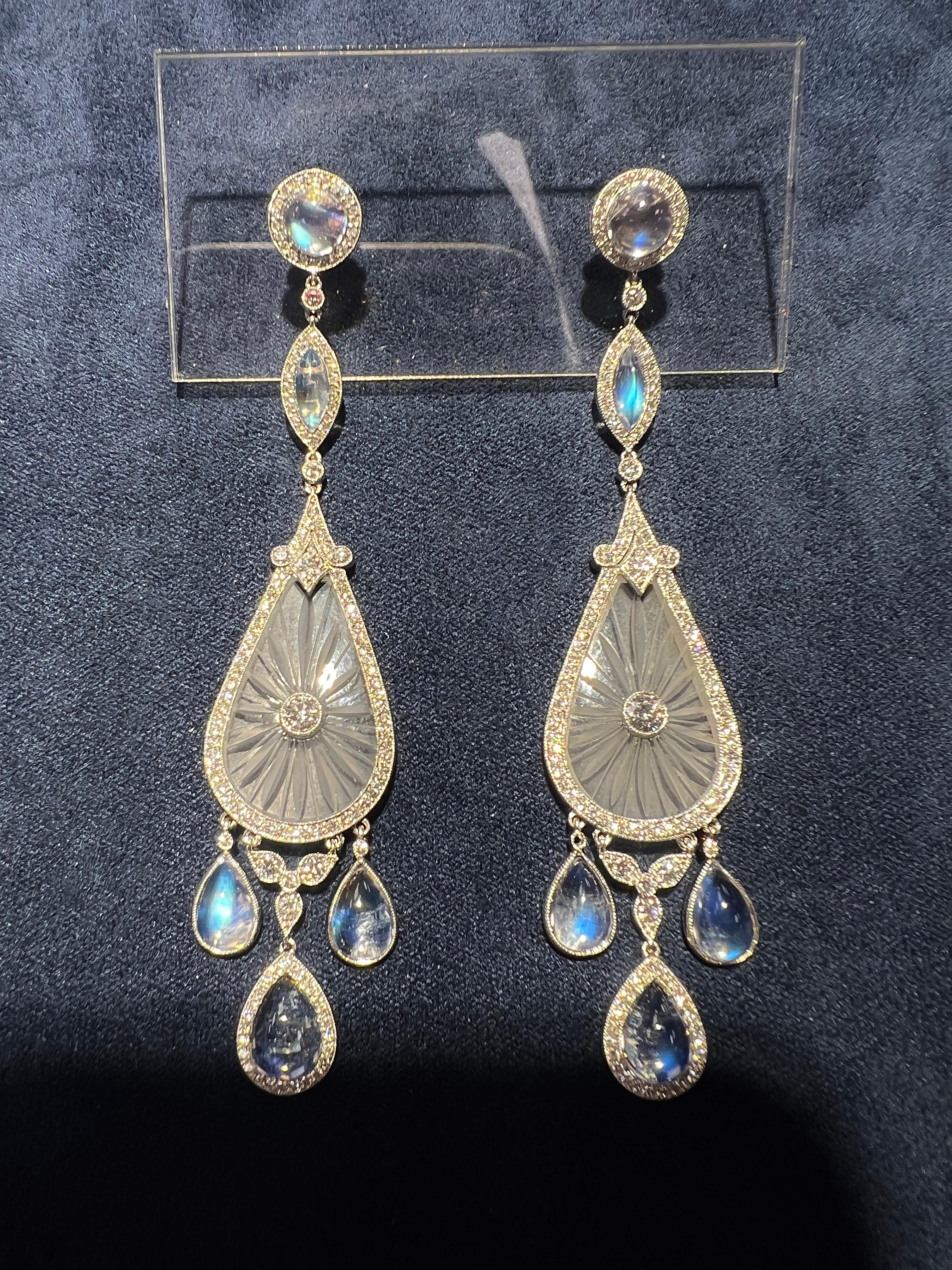 Women's Fred Leighton Diamond Rock Crystal and Moonstone Chandelier Earrings For Sale