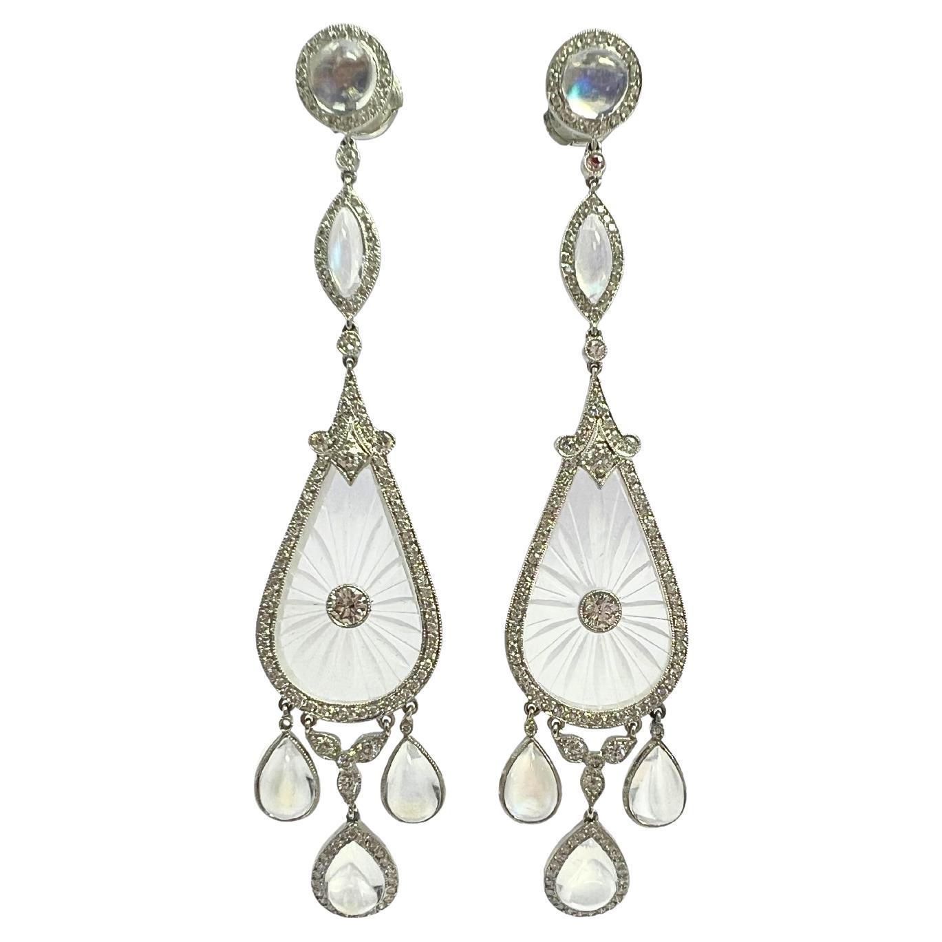 Fred Leighton Diamond Rock Crystal and Moonstone Chandelier Earrings For Sale