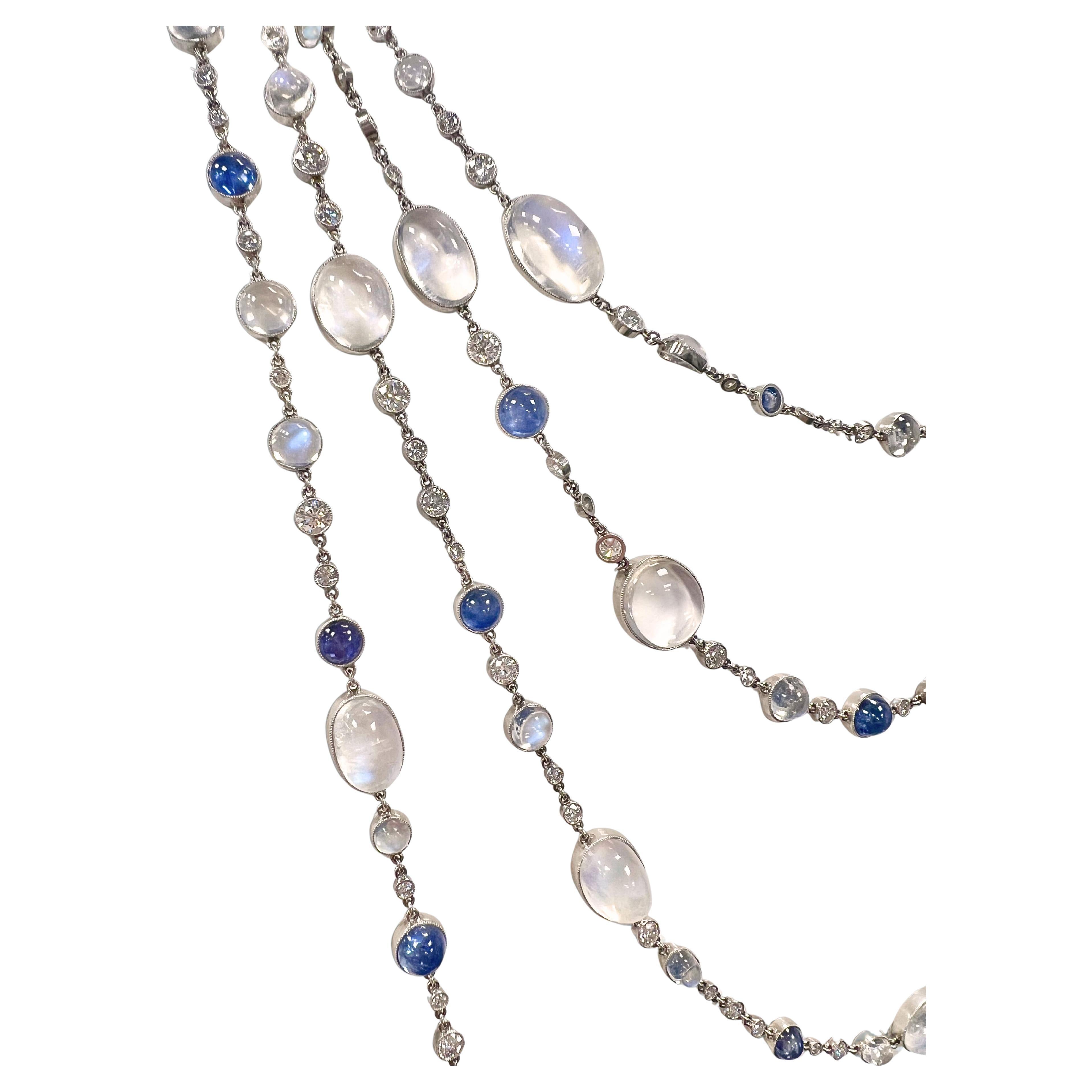 Diamond Moonstone Sapphire and Platinum Very Long Opera Chain Necklace For Sale