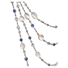 Vintage Diamond Moonstone Sapphire and Platinum Very Long Opera Chain Necklace