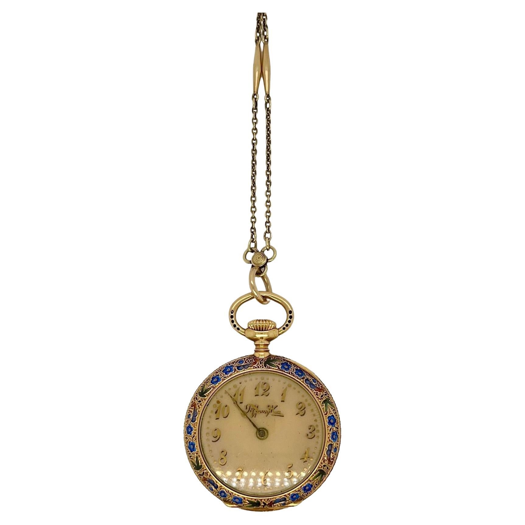 Tiffany & Co Angle Baby 18k Gold Enamel Pocket Watch with Seed Pearls Chain For Sale