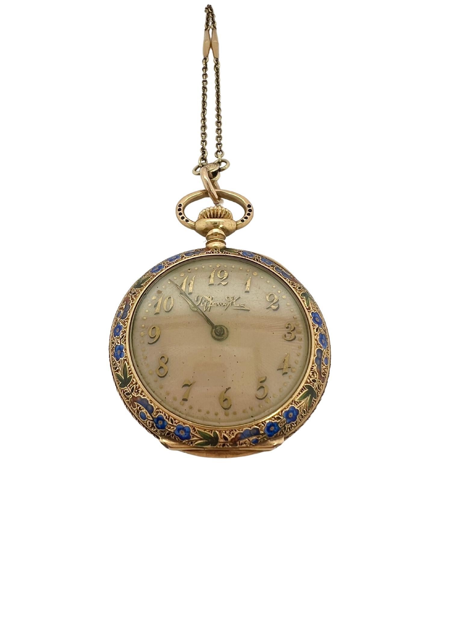 Bead Tiffany & Co Angle Baby 18k Gold Enamel Pocket Watch with Seed Pearls Chain For Sale