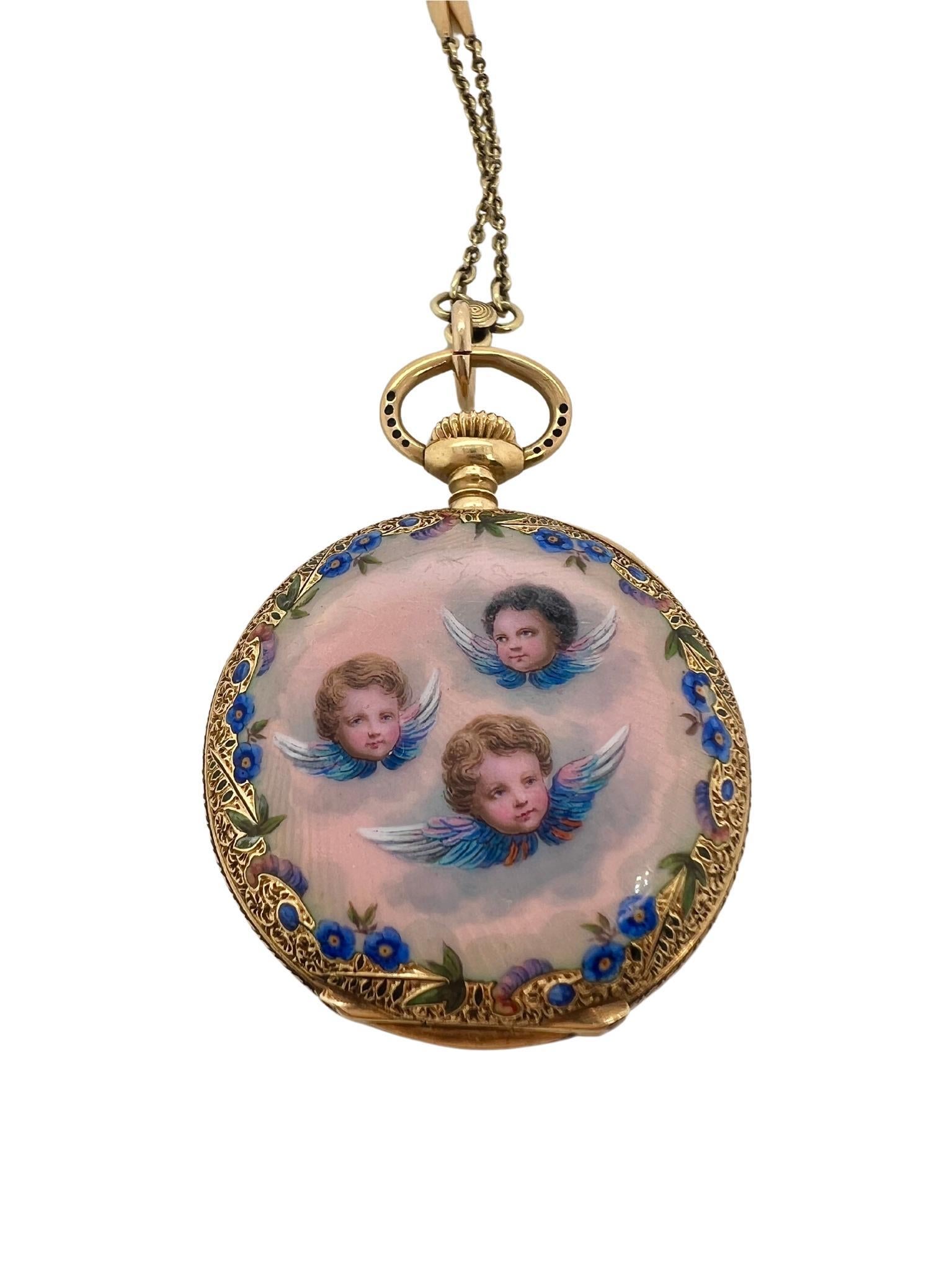 Tiffany & Co Angle Baby 18k Gold Enamel Pocket Watch with Seed Pearls Chain

Details:
Signed 