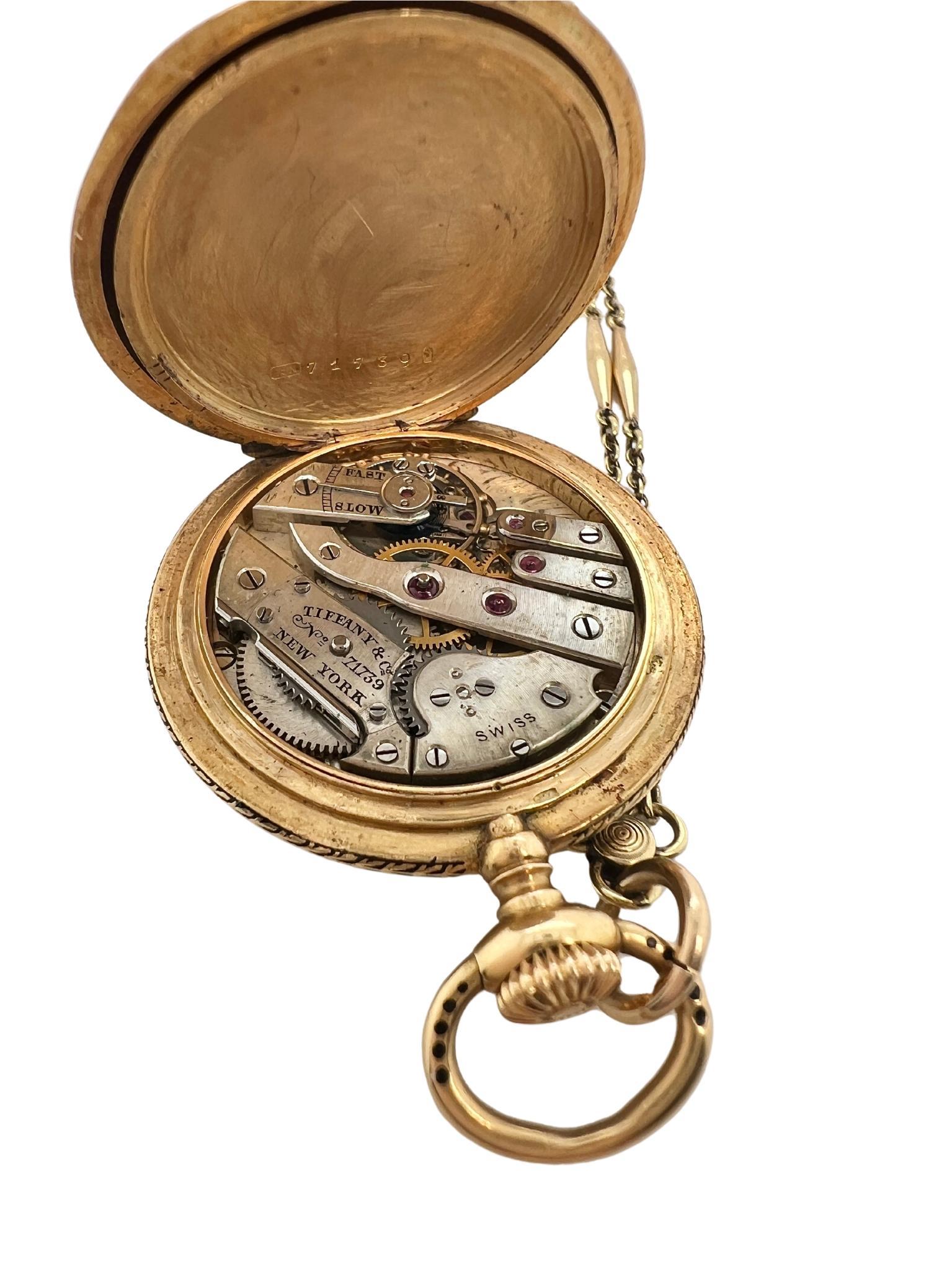 Tiffany & Co Angle Baby 18k Gold Enamel Pocket Watch with Seed Pearls Chain In Excellent Condition For Sale In New York, NY