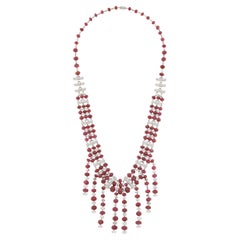 Platinum, Red Spinel Bead and Diamond Fringe Necklace