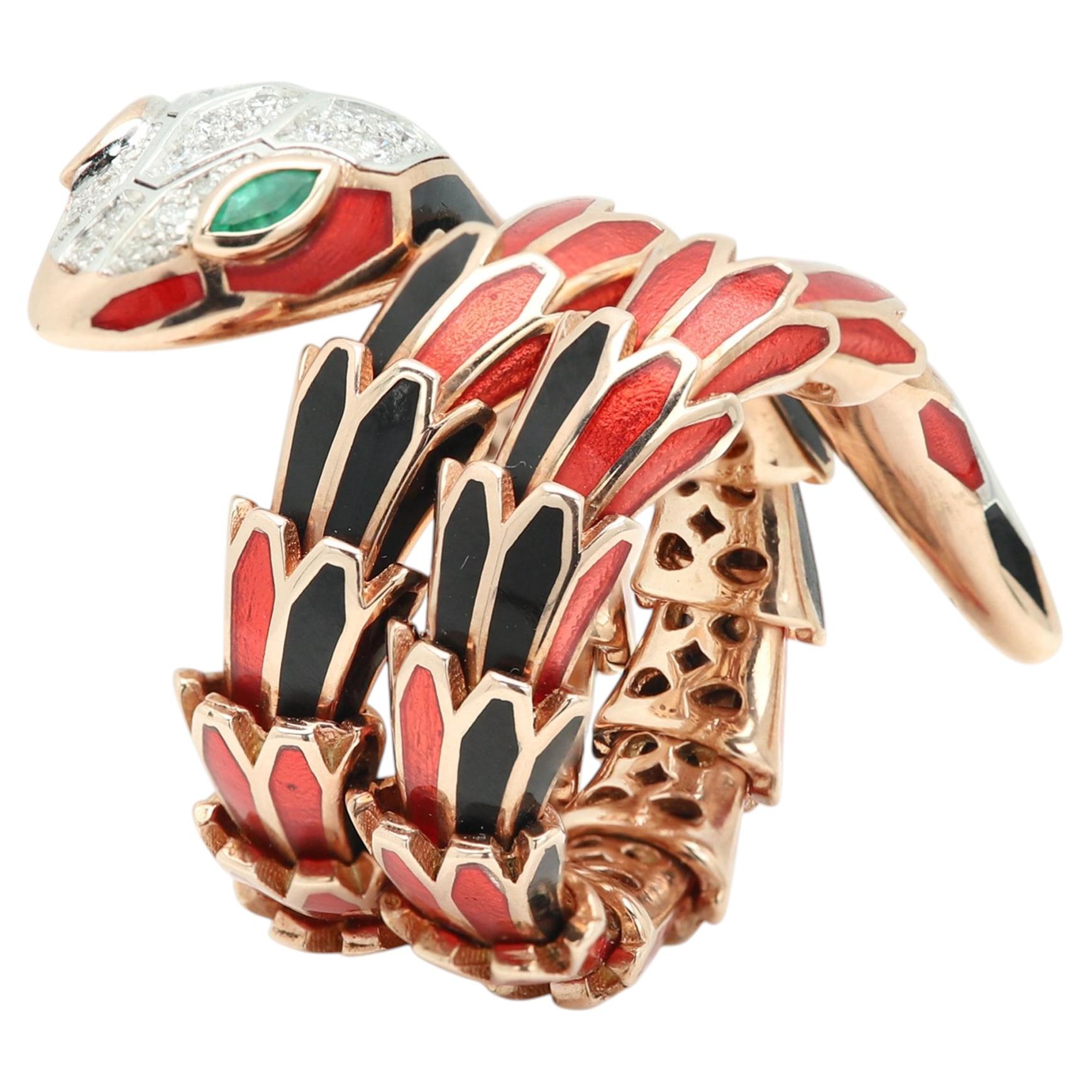 Alexis New York Schlangen-Wrap-Ring, Silber, Gold, Emaille, Diamant und Smaragd