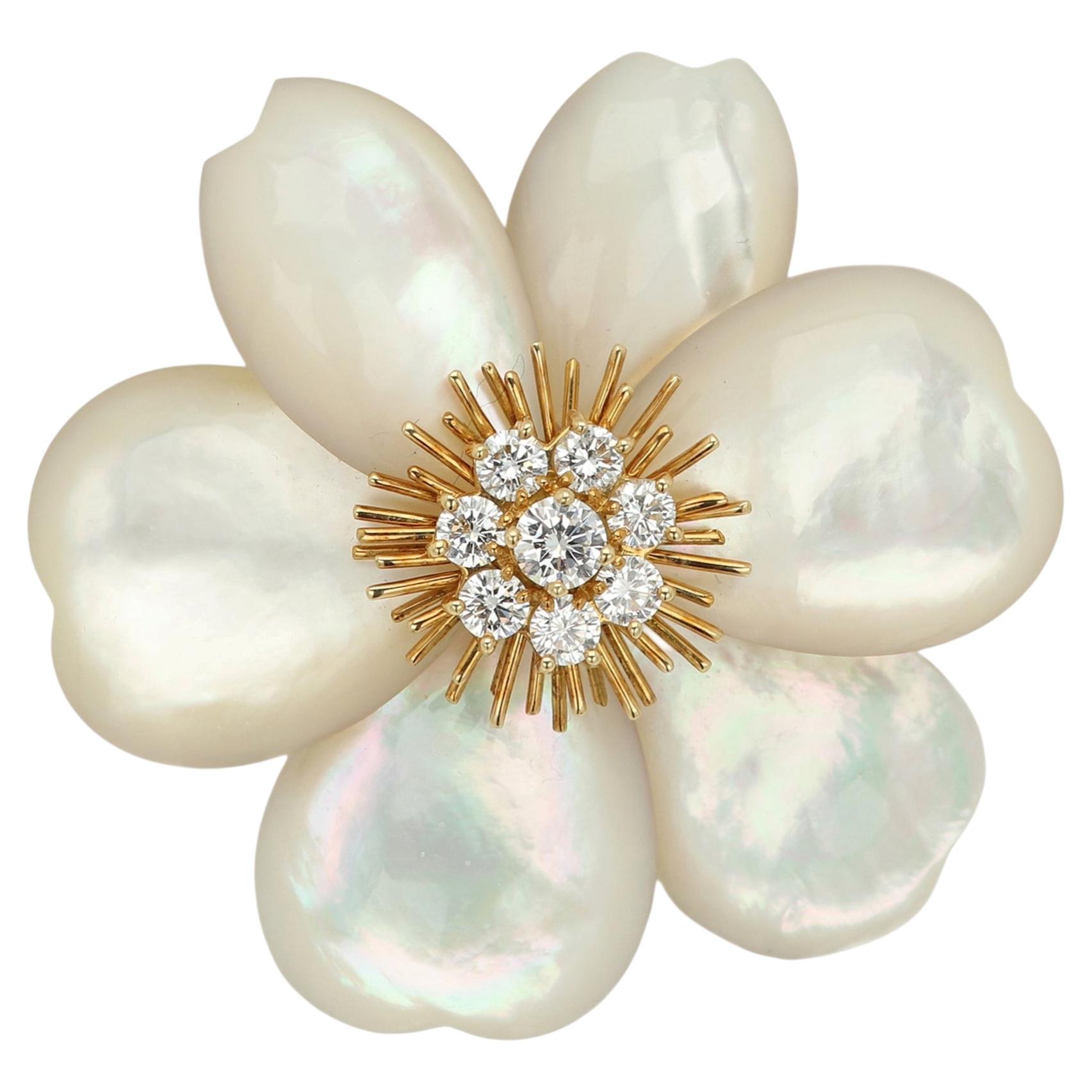 Van Cleef & Arpels Vinage Brooch Rose de Noël Mother of Pearl & Diamond Pin 18k