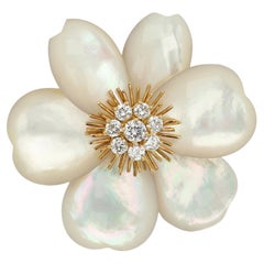 Van Cleef & Arpels Vinage Brooch Rose de Noël Mother of Pearl & Diamond Pin 18k