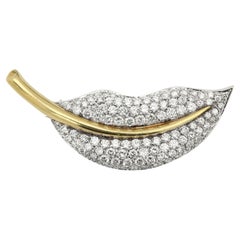 vintage 18k Diamond Leaf Feather Brooch Pin Yellow Gold