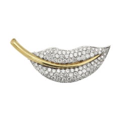 vintage 18k Diamond Leaf Feather Brooch Pin Yellow Gold