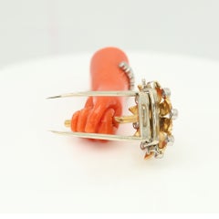 Cartier Vintage Coral Diamond Gold Brooch Pin Hand Holding Flower