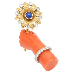 Cartier Vintage Coral Diamond Gold Brooch Pin Hand Holding Flower