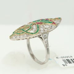 Art Deco Vintage Lotus Ring Platinum 18k Emerald Ruby Diamonds Statement Jewelry