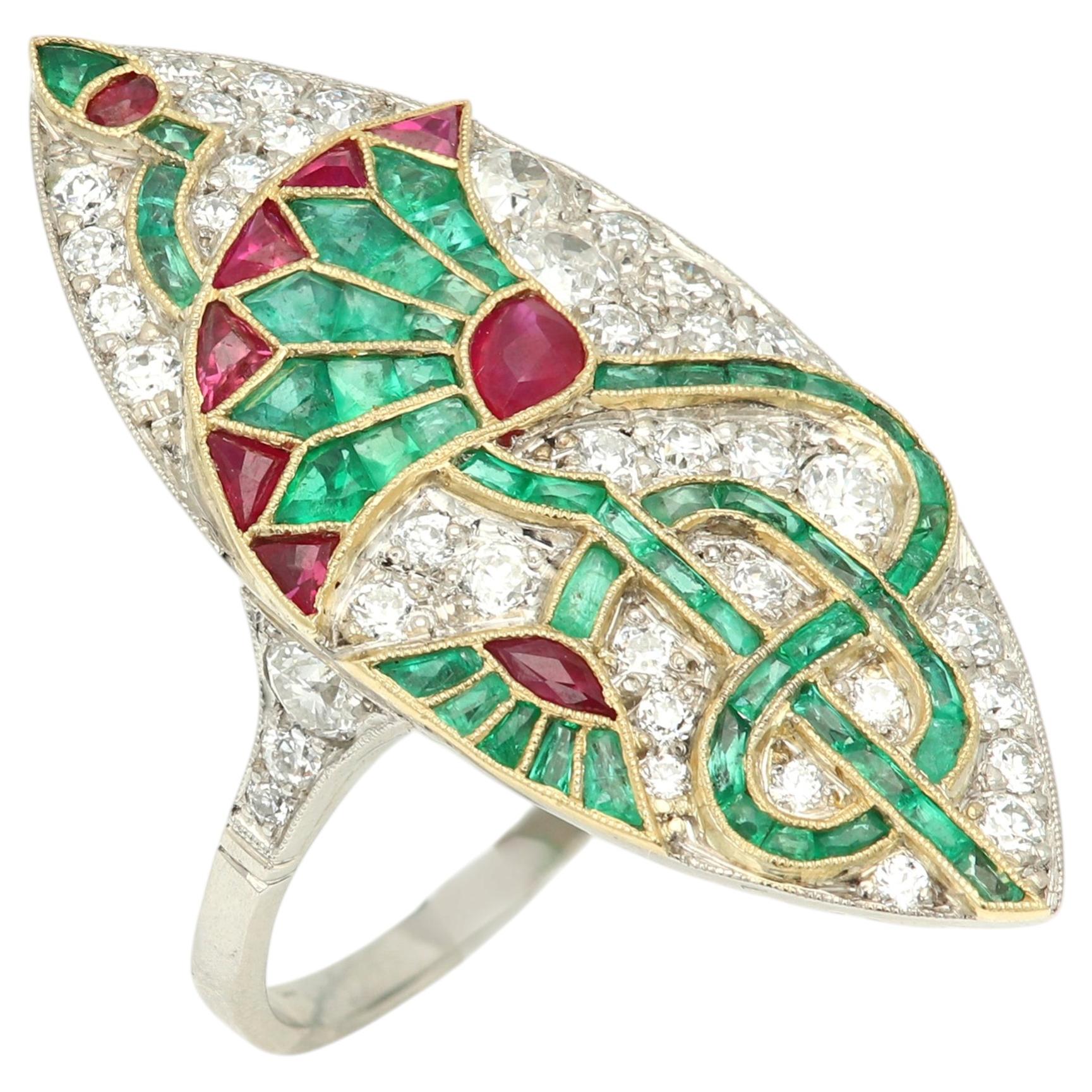 Art Deco Vintage Lotus Ring Platinum 18k Emerald Ruby Diamonds Statement Jewelry