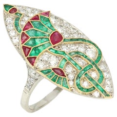Art Deco Vintage Lotus Ring Platinum 18k Emerald Ruby Diamonds Statement Jewelry